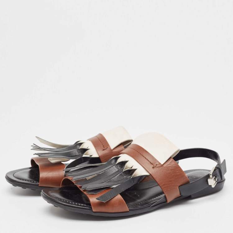 Pre Owned Tod's Tricolor Leather Fringe Detail Flat Sandals Size 38