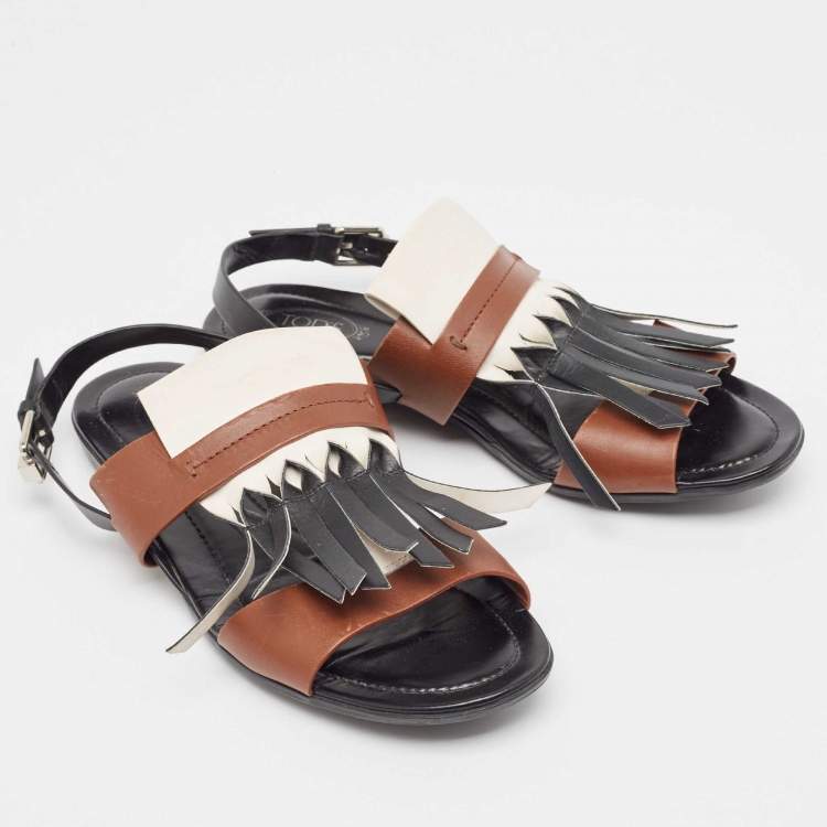 Pre Owned Tod's Tricolor Leather Fringe Detail Flat Sandals Size 38