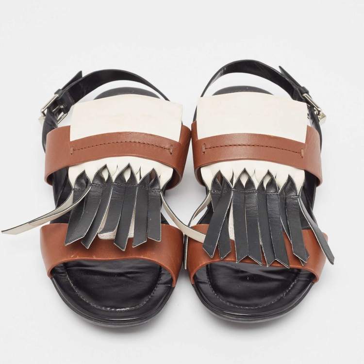 Pre Owned Tod's Tricolor Leather Fringe Detail Flat Sandals Size 38