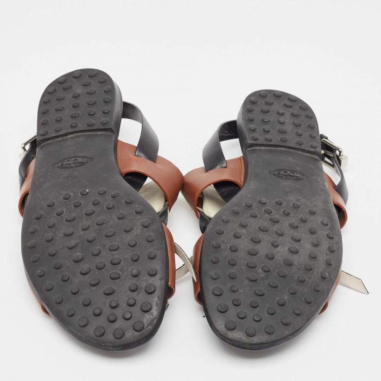 Pre Owned Tod's Tricolor Leather Fringe Detail Flat Sandals Size 38