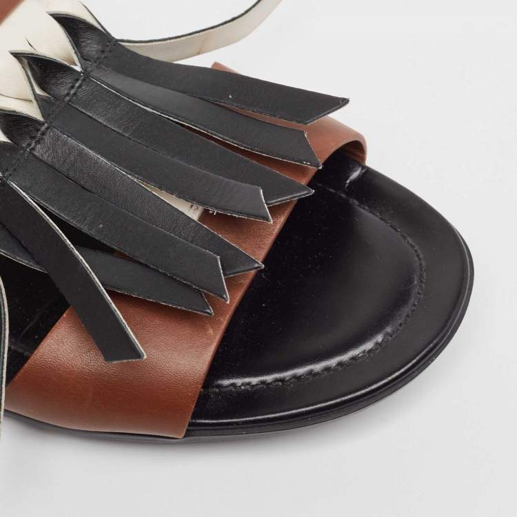 Pre Owned Tod's Tricolor Leather Fringe Detail Flat Sandals Size 38