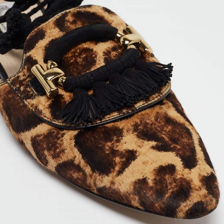 Pre Owned Tod's Brown/Beige Animal Print Calf Hair Ankle Tie Flats Size 38.5