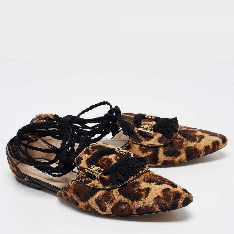 Pre Owned Tod's Brown/Beige Animal Print Calf Hair Ankle Tie Flats Size 38.5