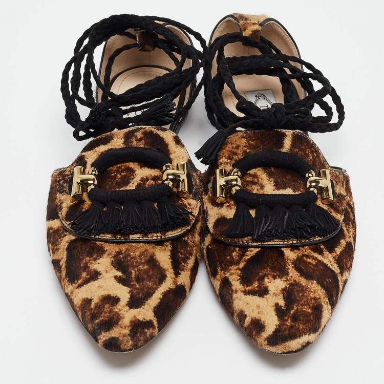 Pre Owned Tod's Brown/Beige Animal Print Calf Hair Ankle Tie Flats Size 38.5
