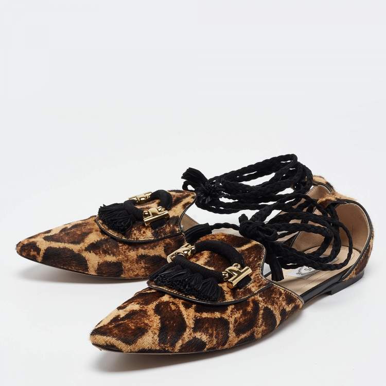 Pre Owned Tod's Brown/Beige Animal Print Calf Hair Ankle Tie Flats Size 38.5