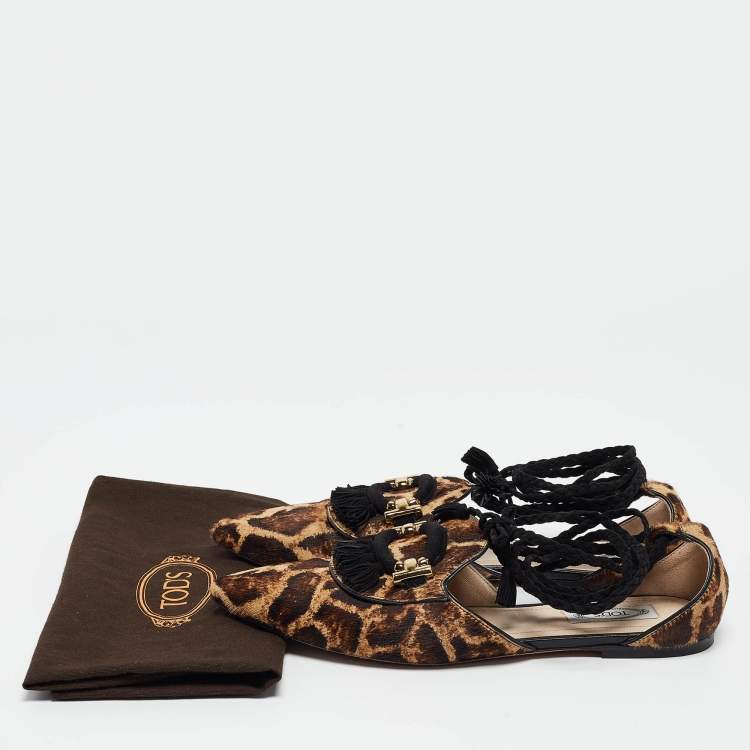 Pre Owned Tod's Brown/Beige Animal Print Calf Hair Ankle Tie Flats Size 38.5