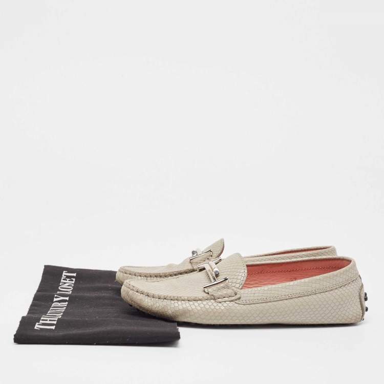 Pre Owned Tod's Grey Textured Leather Double T Buckle Loafers Size 37