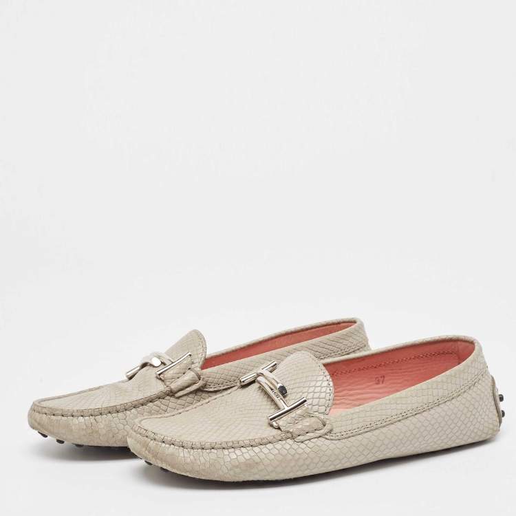 Pre Owned Tod's Grey Textured Leather Double T Buckle Loafers Size 37