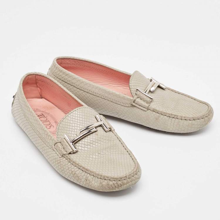 Pre Owned Tod's Grey Textured Leather Double T Buckle Loafers Size 37