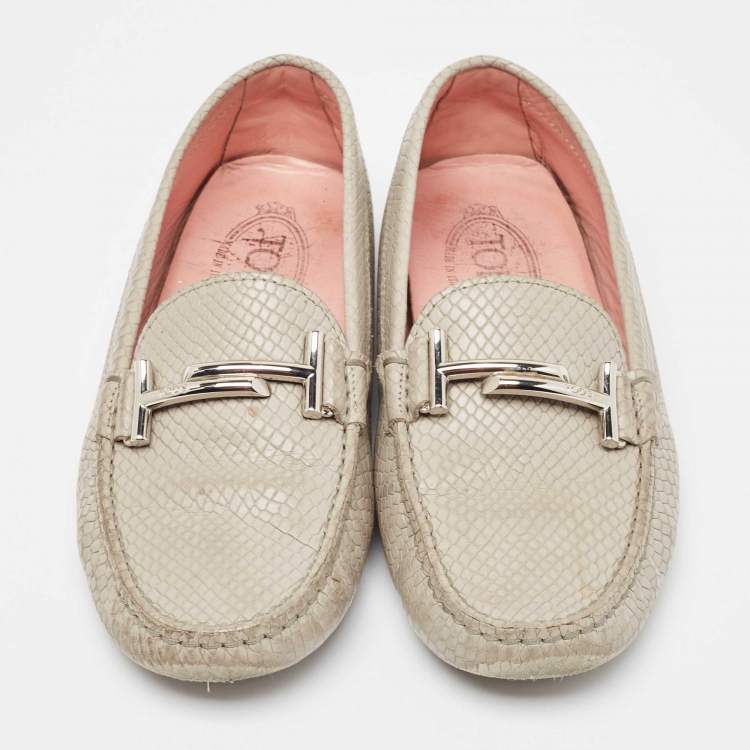 Pre Owned Tod's Grey Textured Leather Double T Buckle Loafers Size 37