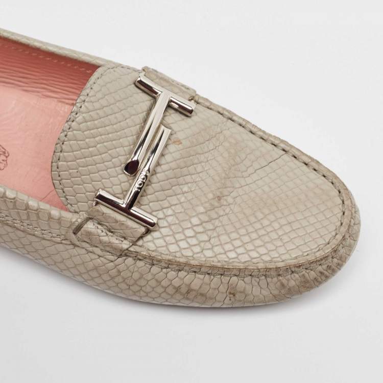 Pre Owned Tod's Grey Textured Leather Double T Buckle Loafers Size 37