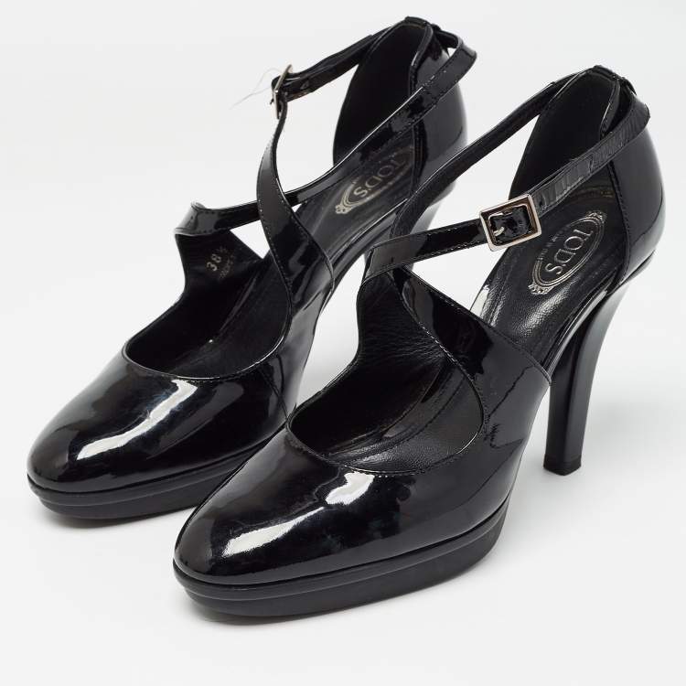 Pre Owned Tod's Black Patent Leather Cross Strap Platform Pumps Size 38.5