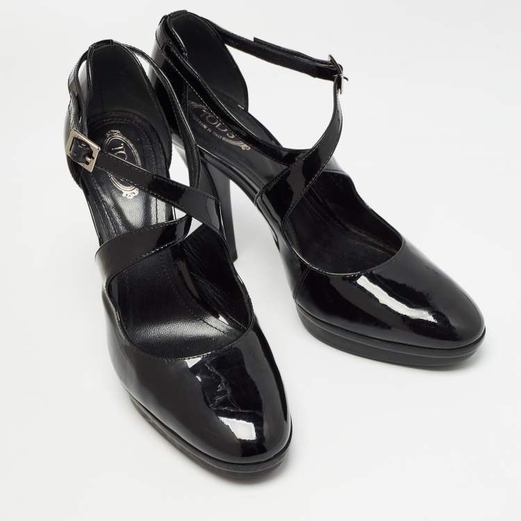 Pre Owned Tod's Black Patent Leather Cross Strap Platform Pumps Size 38.5