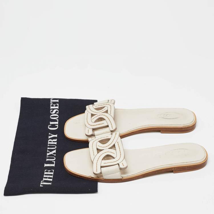Pre Owned Tod's White Leather Kate Flat Slides Size 37.5