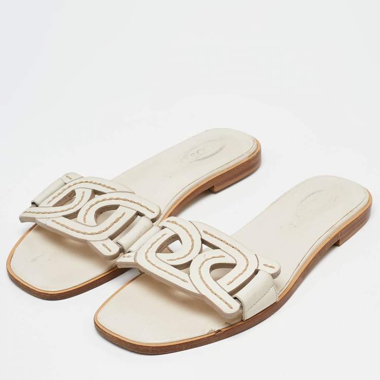 Pre Owned Tod's White Leather Kate Flat Slides Size 37.5