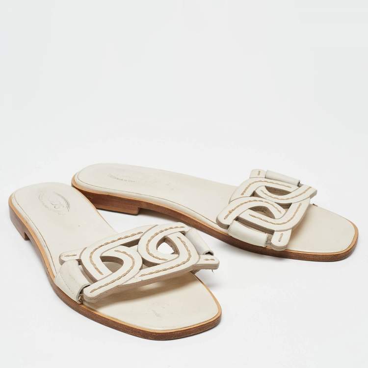 Pre Owned Tod's White Leather Kate Flat Slides Size 37.5
