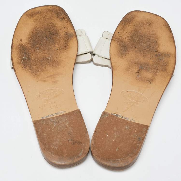 Pre Owned Tod's White Leather Kate Flat Slides Size 37.5