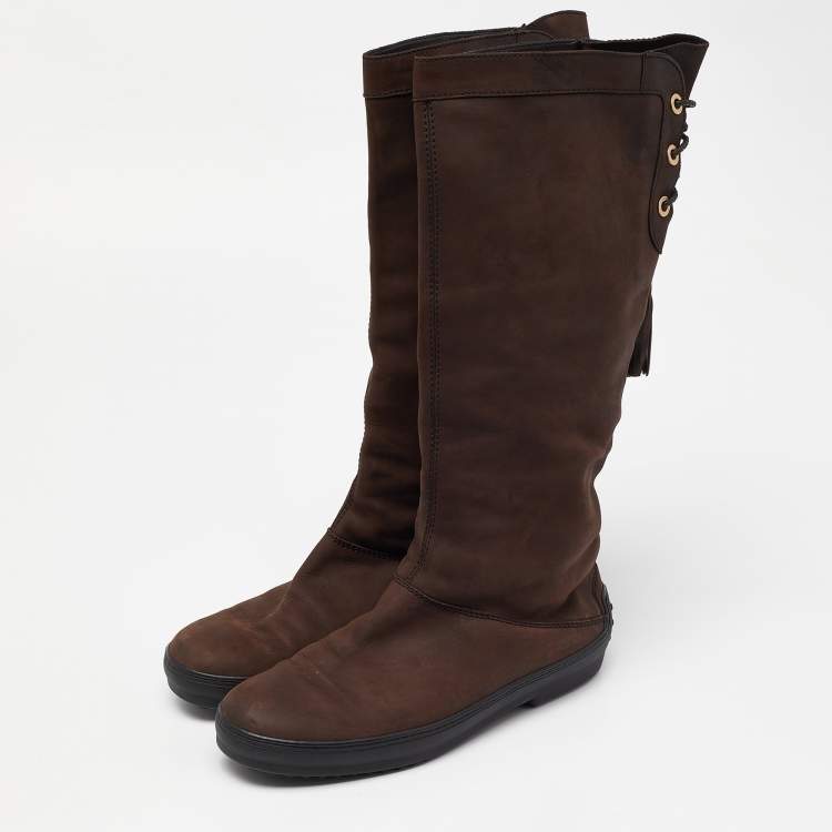 Pre Owned Tod's Brown Nubuck Leather Calf Length Boots Size 40.5