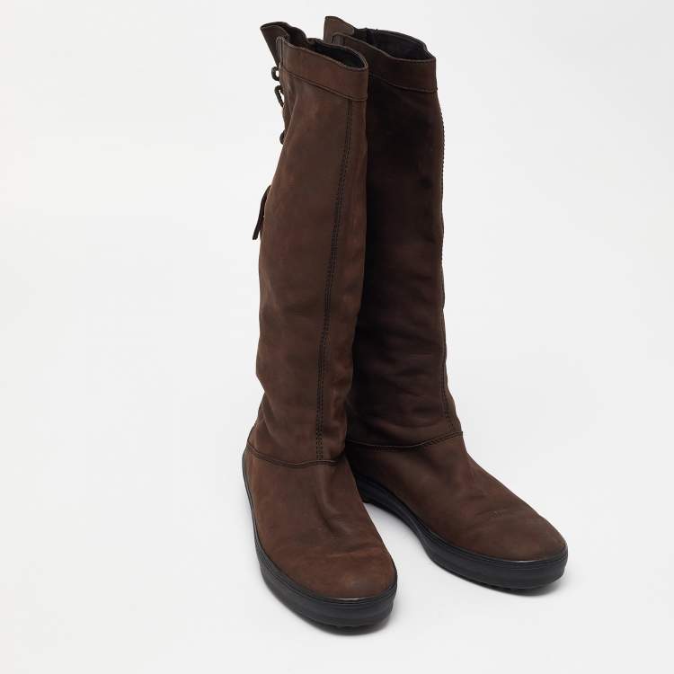 Pre Owned Tod's Brown Nubuck Leather Calf Length Boots Size 40.5