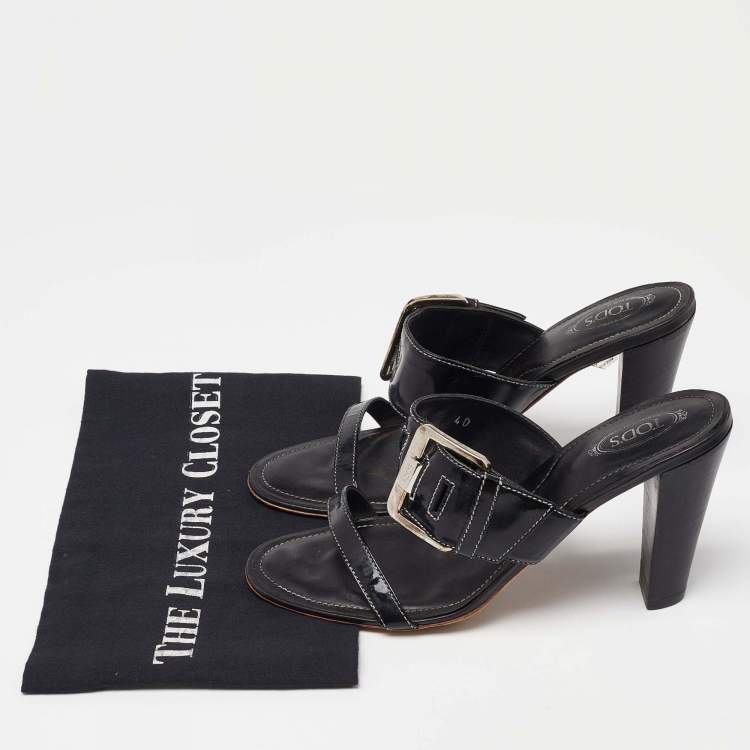 Pre Owned Tod's Black Patent Leather Buckle Detail Open Toe Sandals Size 40