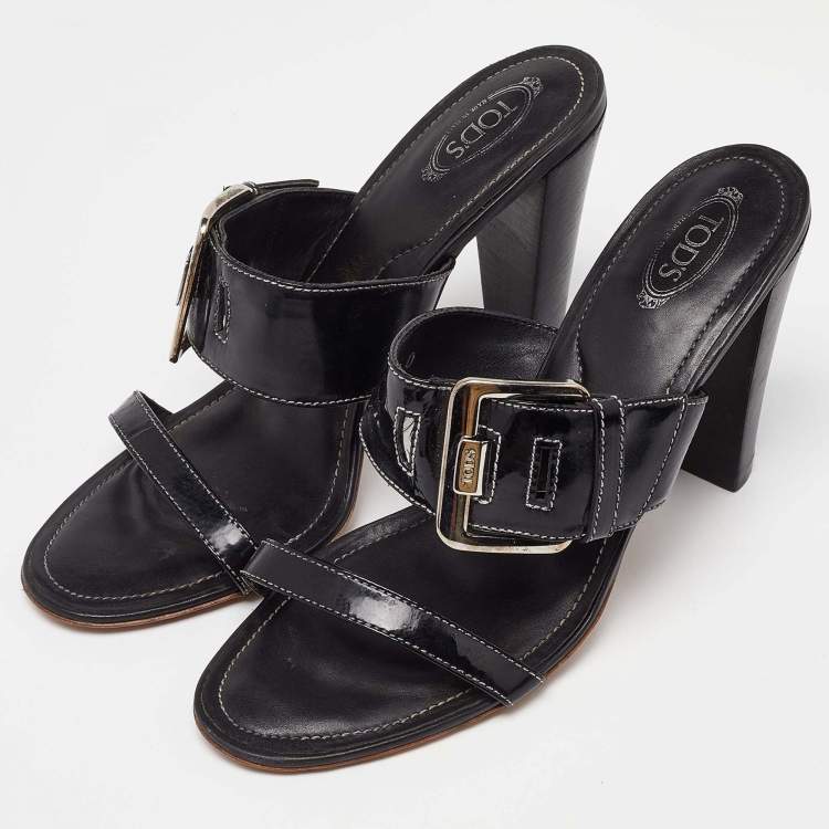 Pre Owned Tod's Black Patent Leather Buckle Detail Open Toe Sandals Size 40
