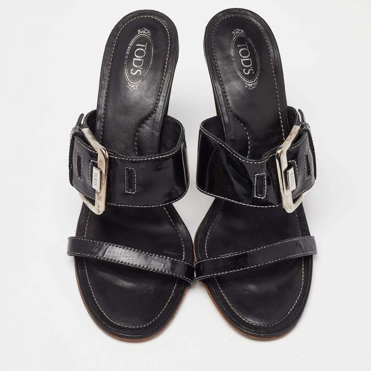 Pre Owned Tod's Black Patent Leather Buckle Detail Open Toe Sandals Size 40