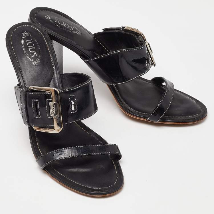 Pre Owned Tod's Black Patent Leather Buckle Detail Open Toe Sandals Size 40