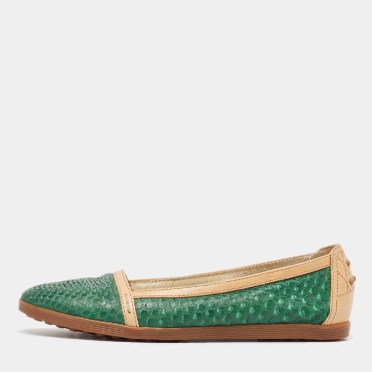 Pre Owned Tod's Green/Tan Snakeskin And Leather Loafers Size 35.5