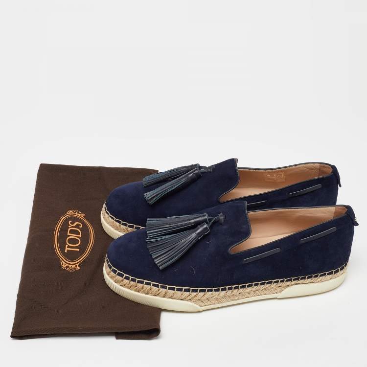 Pre Owned Tod's Blue Suede Fringe Tassel Detail Slip On Loafers Size 41