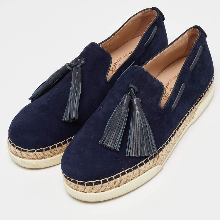 Pre Owned Tod's Blue Suede Fringe Tassel Detail Slip On Loafers Size 41
