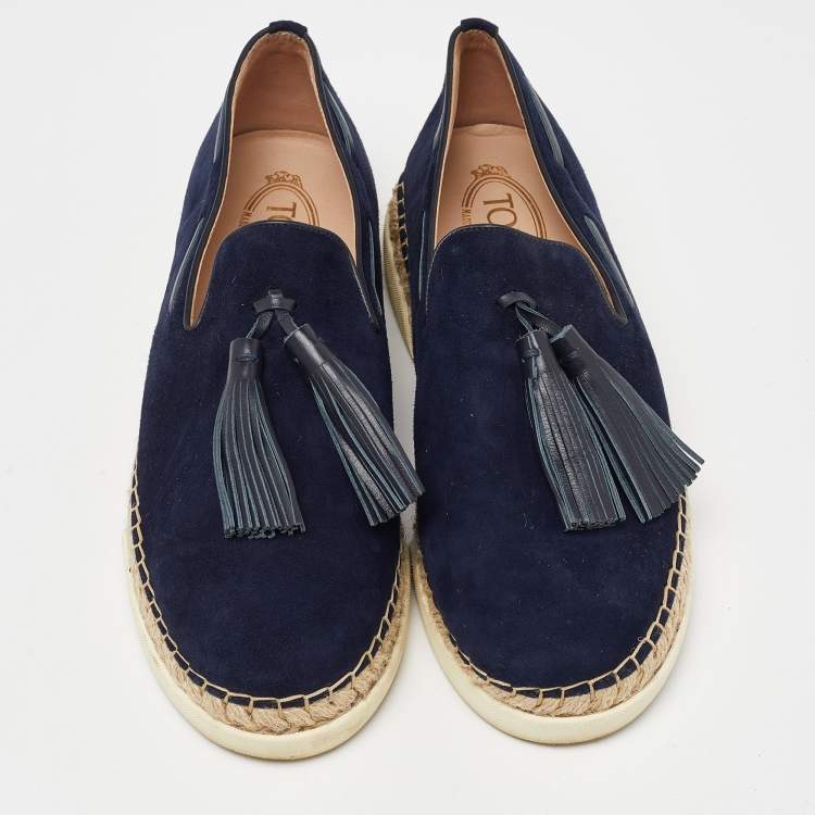 Pre Owned Tod's Blue Suede Fringe Tassel Detail Slip On Loafers Size 41