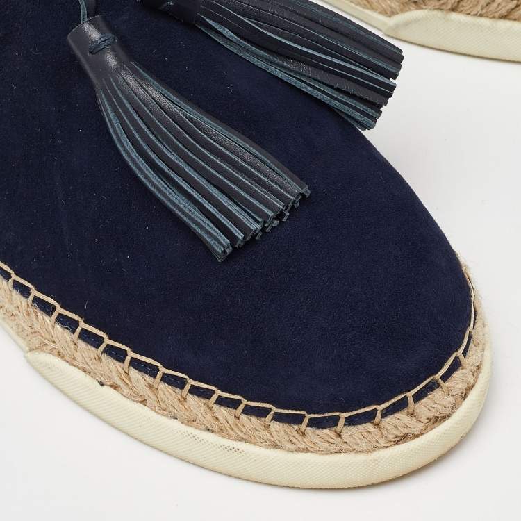 Pre Owned Tod's Blue Suede Fringe Tassel Detail Slip On Loafers Size 41