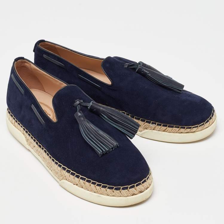 Pre Owned Tod's Blue Suede Fringe Tassel Detail Slip On Loafers Size 41