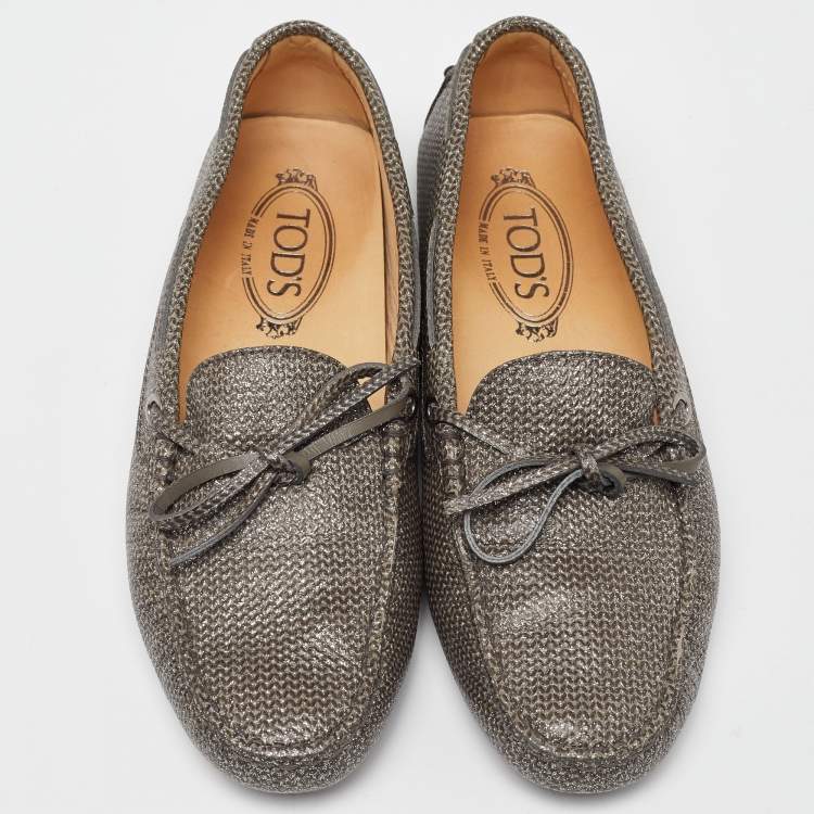Pre Owned Tod's Grey/Silver Glitter and Leather Slip on Loafers Size 38