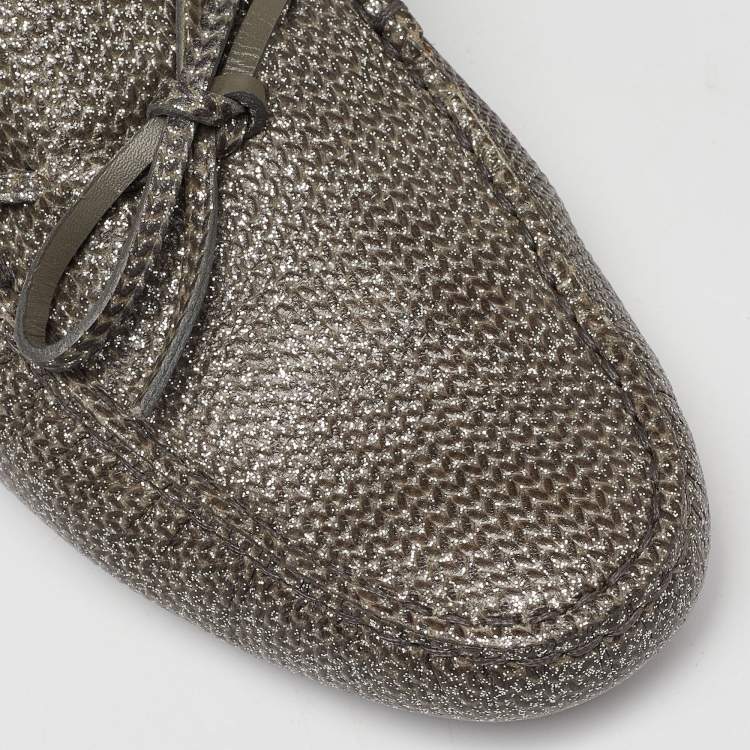 Pre Owned Tod's Grey/Silver Glitter and Leather Slip on Loafers Size 38