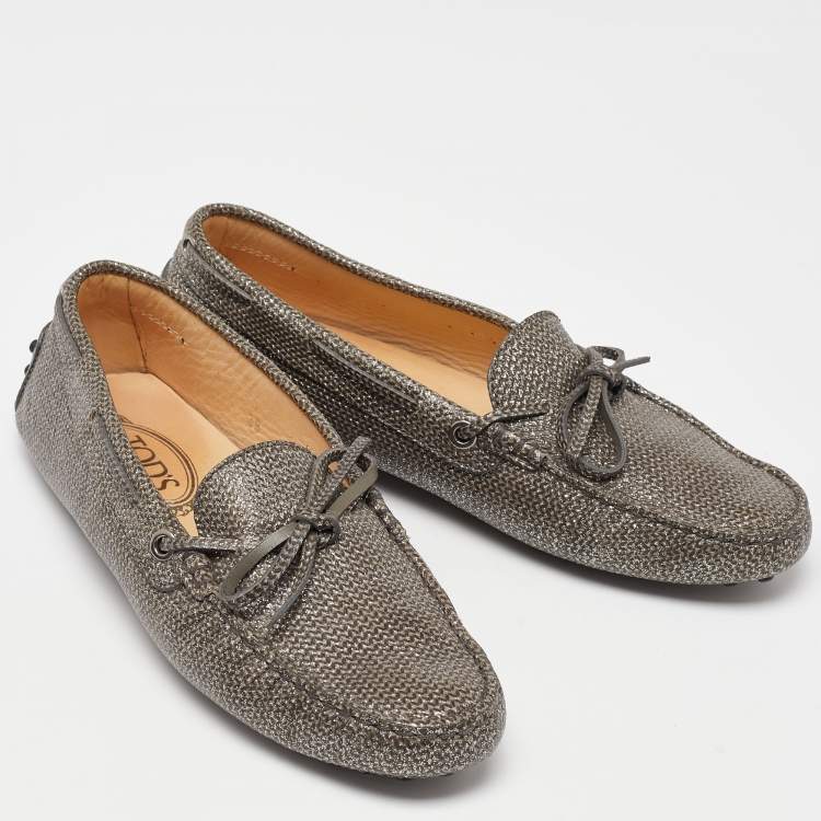 Pre Owned Tod's Grey/Silver Glitter and Leather Slip on Loafers Size 38