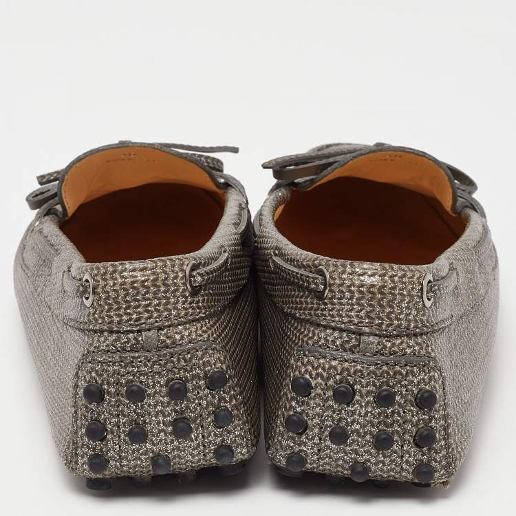 Pre Owned Tod's Grey/Silver Glitter and Leather Slip on Loafers Size 38