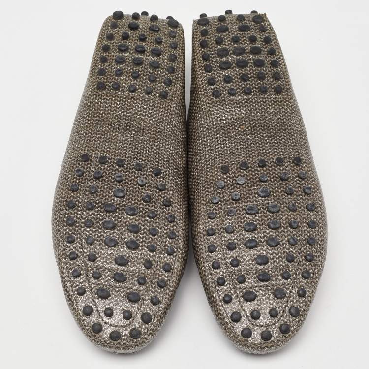 Pre Owned Tod's Grey/Silver Glitter and Leather Slip on Loafers Size 38