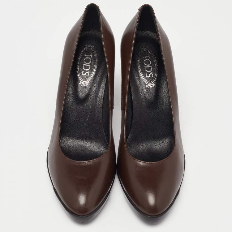 Pre Owned Tod's Brown Leather Block Heel Pumps Size 38