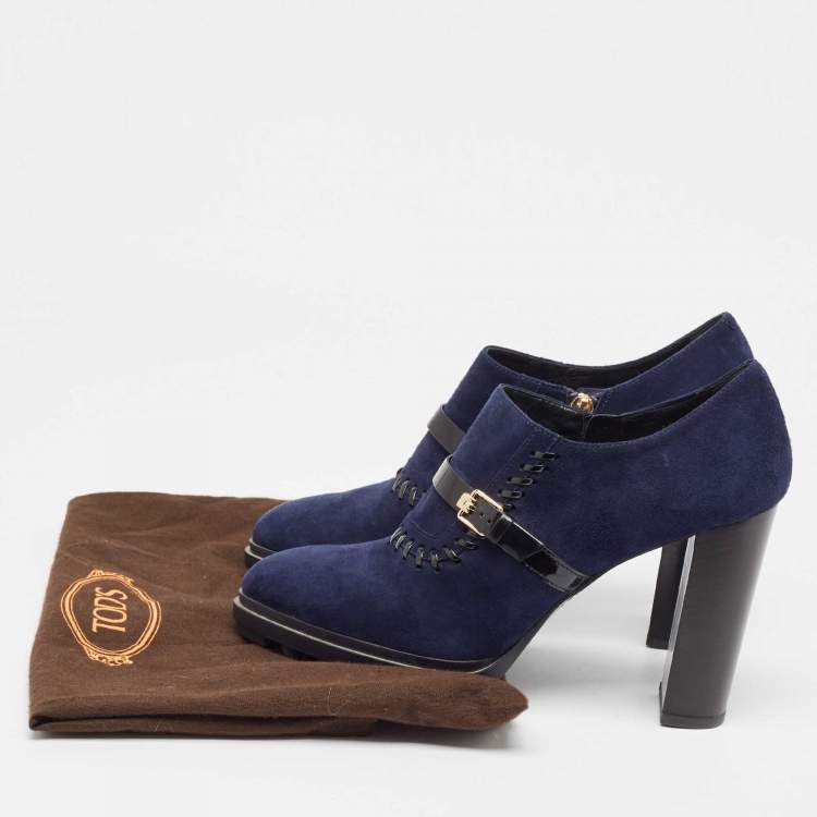Pre Owned Tod's Navy Blue/Black Suede And Patent Leather Whipstitch Detail Ankle Booties Size 40.5
