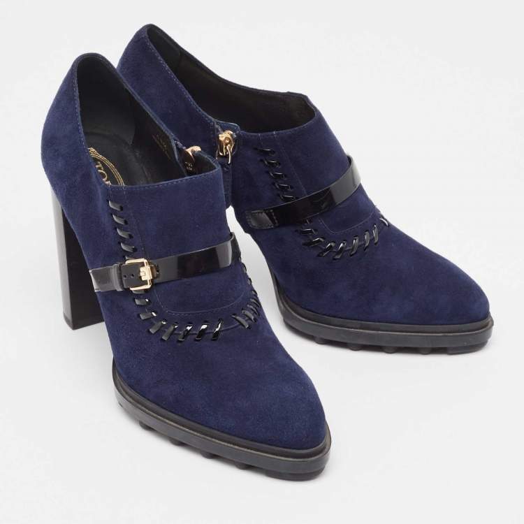 Pre Owned Tod's Navy Blue/Black Suede And Patent Leather Whipstitch Detail Ankle Booties Size 40.5