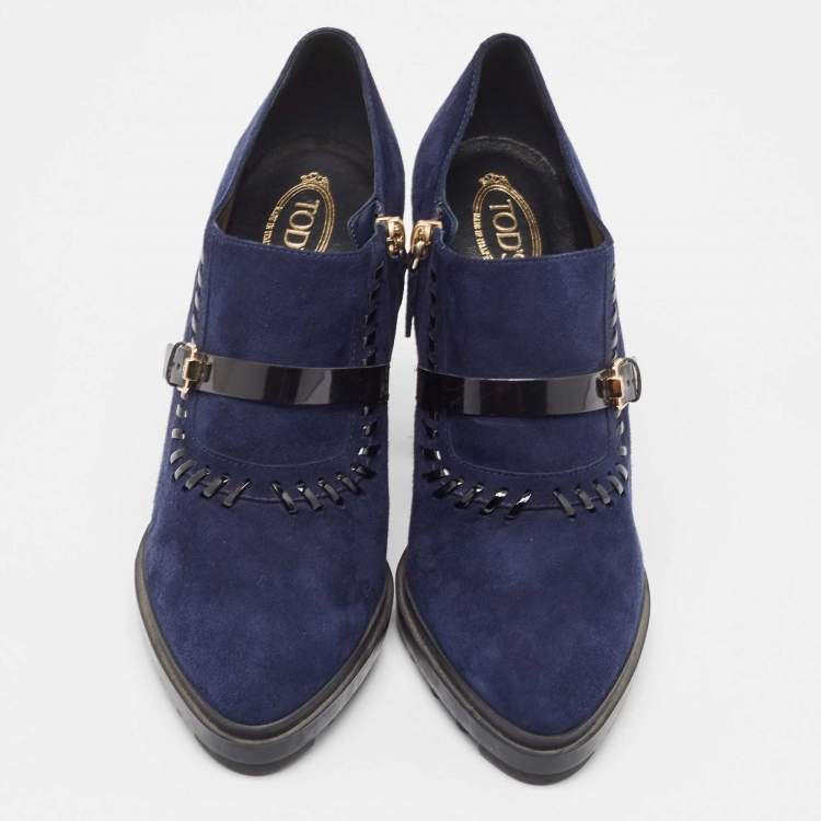 Pre Owned Tod's Navy Blue/Black Suede And Patent Leather Whipstitch Detail Ankle Booties Size 40.5