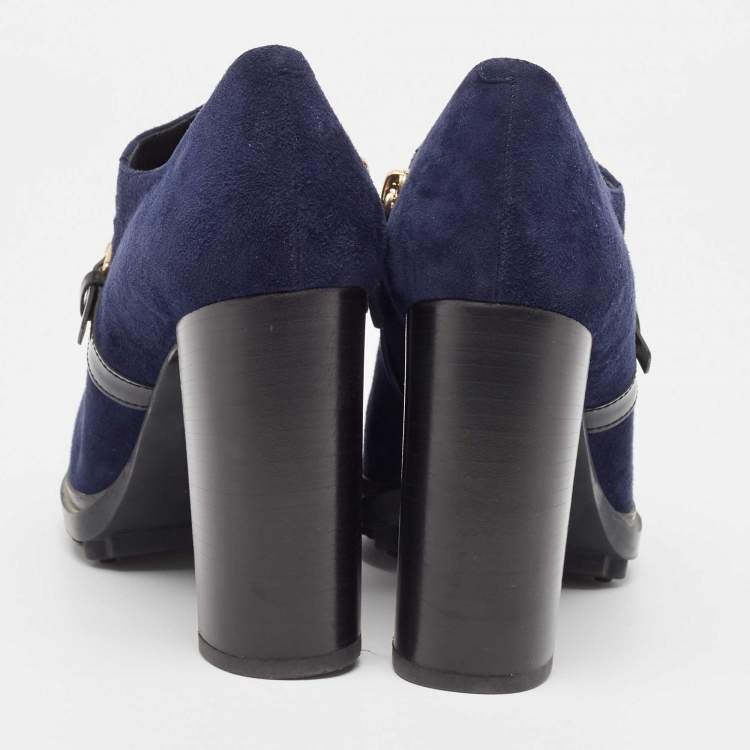 Pre Owned Tod's Navy Blue/Black Suede And Patent Leather Whipstitch Detail Ankle Booties Size 40.5