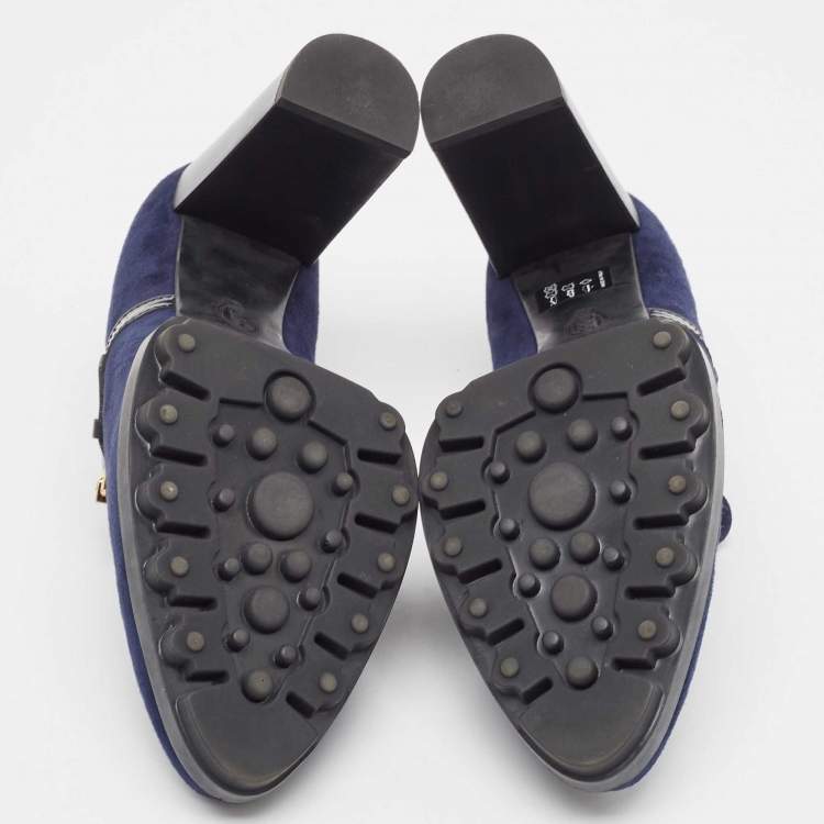 Pre Owned Tod's Navy Blue/Black Suede And Patent Leather Whipstitch Detail Ankle Booties Size 40.5