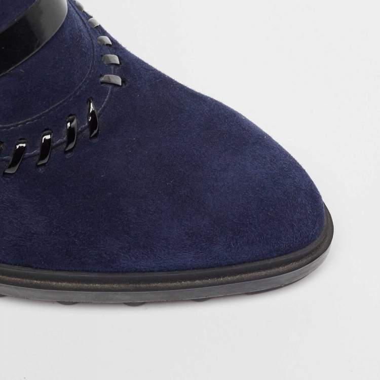 Pre Owned Tod's Navy Blue/Black Suede And Patent Leather Whipstitch Detail Ankle Booties Size 40.5