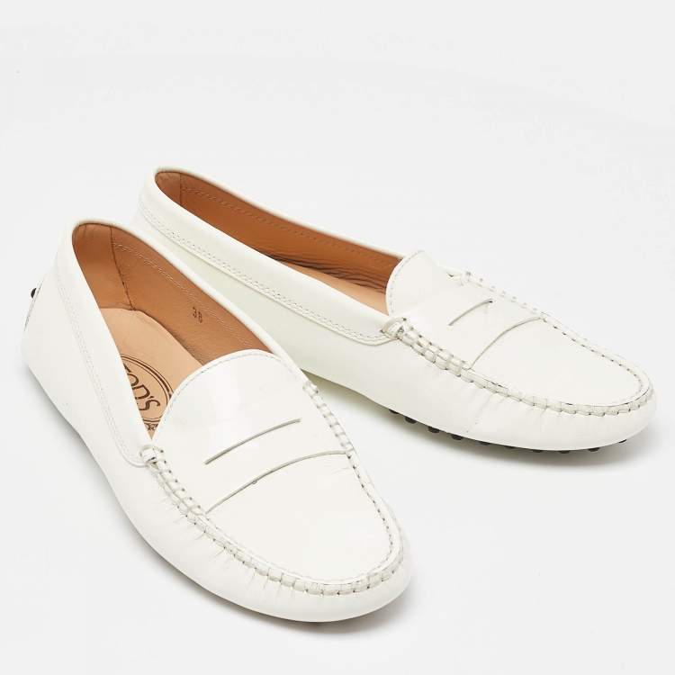 Pre Owned Tod's White Patent Leather Penny Slip On Loafers Size 38