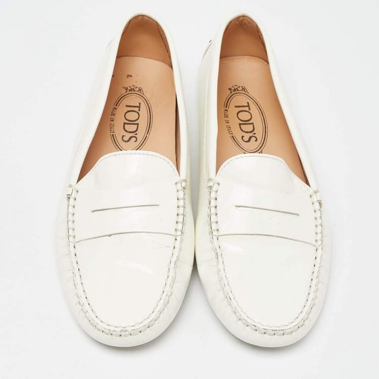 Pre Owned Tod's White Patent Leather Penny Slip On Loafers Size 38
