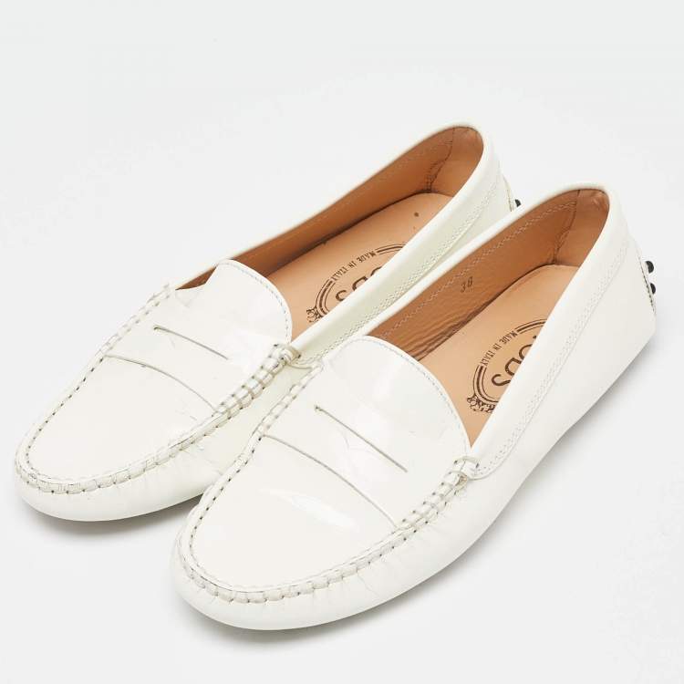 Pre Owned Tod's White Patent Leather Penny Slip On Loafers Size 38