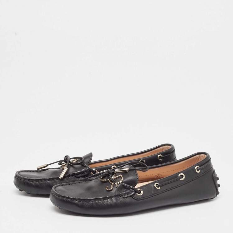 Pre Owned Tod's Black Leather Logo Bow Loafers Size 37.5