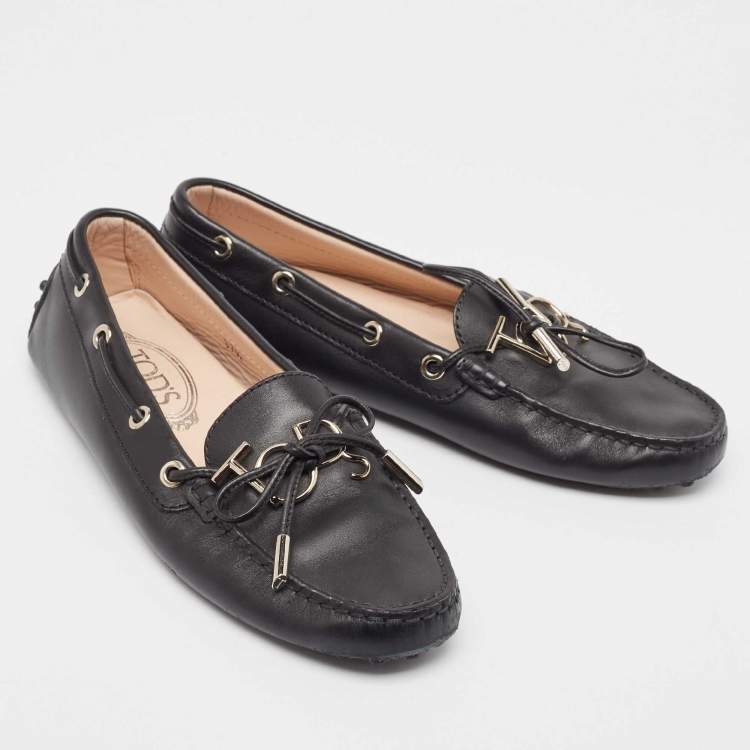 Pre Owned Tod's Black Leather Logo Bow Loafers Size 37.5